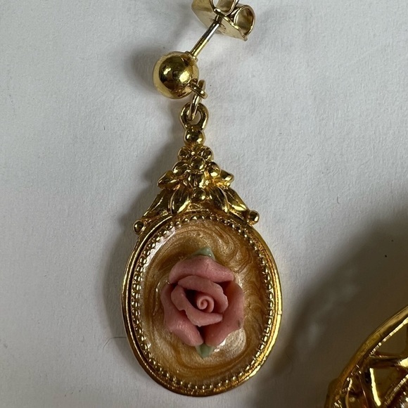 Pendant and earrings set pink rose China on swirl enamel and gold - Picture 6 of 10